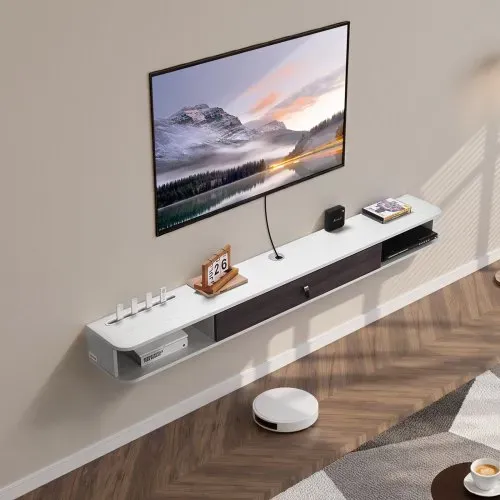VEVOR TV Schrank hängend Wandhalterung, Fernsehschrank mit Kabelloch, schwebendes TV-Regal mit Stauraum für DVD-Player Kabelbox Spielekonsole, Hängeschrank 52 kg belastbar Weiß 180 cm Länge – Bild 7