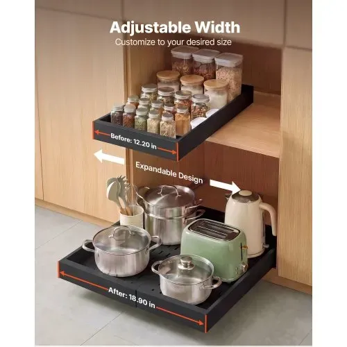 VEVOR 2 x Teleskopschubladen Ausziehbare Küchenschrank-Organizer 31-48 cm, 52 cm Tiefe Auszugsschubladen für Schränke, Erweiterbare Auszugsschubladen für Küchenschränke mit Nano-Klebestreifen, Schwarz – Bild 2