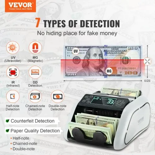 VEVOR Geldzählmaschine, Banknotenzähler mit UV-, MG-, IR- und DD-Falschgelderkennung, USD- und EUR-Geldzählmaschine mit Großem LCD & Externem Display für Kleine Unternehmen VEVOR Geldzählmaschine, Banknotenzähler mit UV-, MG-, IR- und DD-Falschgelderkennung, USD- und EUR-Geldzählmaschine mit Großem LCD & Externem Display für Kleine Unternehmen