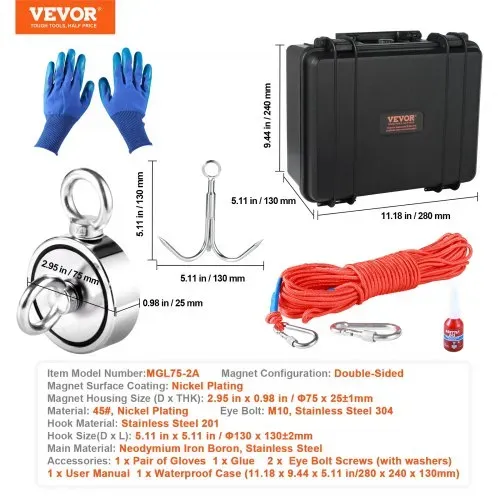 VEVOR Bergemagnet Set Seil Magnetangel Topfmagnet Doppelseitig 272x2kg Neodym – Bild 6