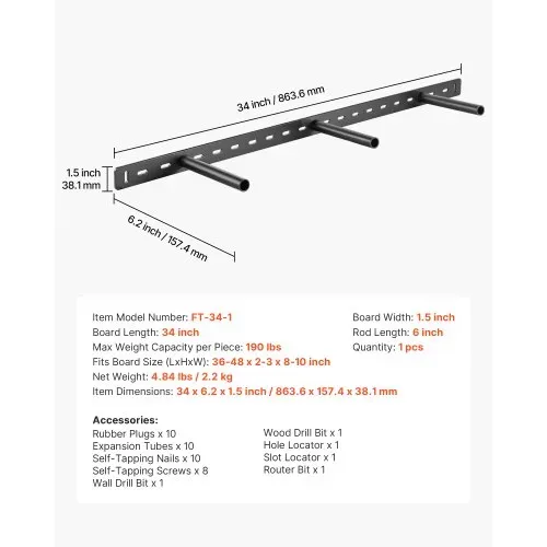 VEVOR Regalhalterung, 1 Stk., Schwerlast Regalhalter 86 kg Tragkraft, Regalträger 863,6x157,4x38,1 mm, für versteckte Regale, unsichtbare Halterung für schwebende Regale zur Wandmontage – Bild 6
