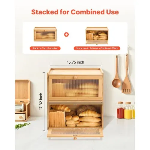 VEVOR Brotkasten für Küchentheke Brotbehälter Brotbox Brot-Organizer aus Holz für selbstgebackenes Brot, Aufbewahrungsbehälter mit gewellter Acryl-Türplatte, Brotaufbewahrung Natur – Bild 3