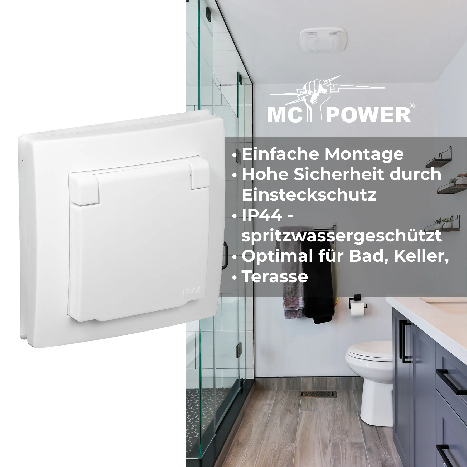 Schutzkontakt-Steckdose McPower ''Flair'' 250V/16A, UP, IP44, weiß, Steckanschluss – Bild 5