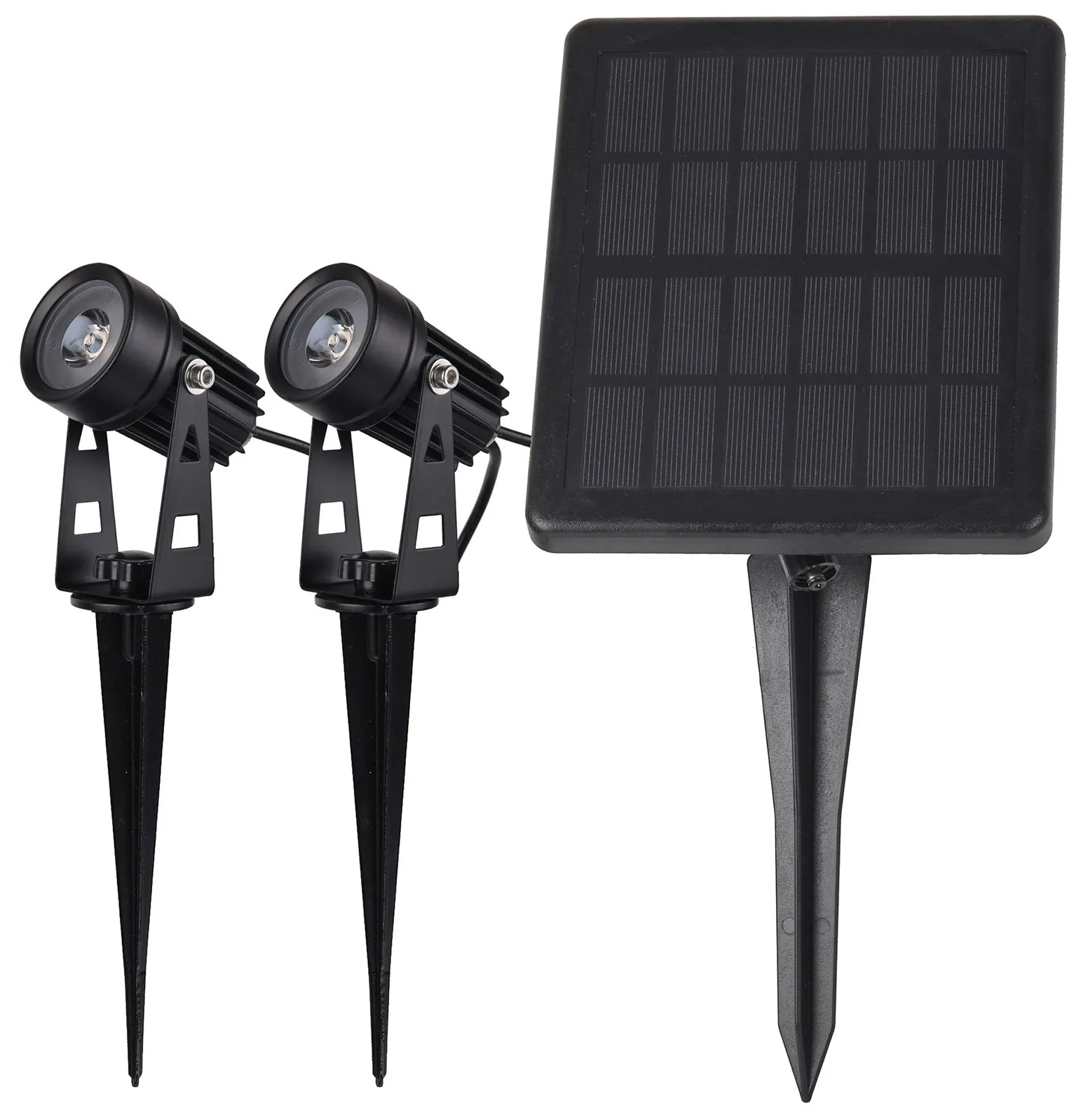 Gartenstrahler Set Solar mit 2 Spots Solarzelle, Erdspieß, 3000k, IP65 Gartenstrahler Set Solar mit 2 Spots Solarzelle, Erdspieß, 3000k, IP65