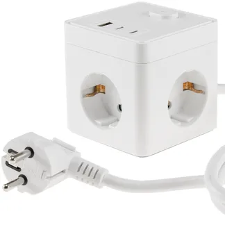 Steckdosen-Würfel mit USB-Ladebuchsen USB-A /USB-C,3-fach, 1,5m Kabel, weiß Steckdosen-Würfel mit USB-Ladebuchsen USB-A /USB-C,3-fach, 1,5m Kabel, weiß
