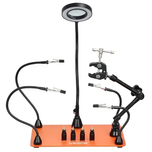VEVOR Löthilfe Dritte Hand, Magnetische Lötstation, mit 3-facher LED-Vergrößerungslampe, 4 Leiterplattenhaltern & 360-Grad-Heißluftpistolenhalter, Basisstation für Reparaturen, Basteln & Hobby – Bild 8