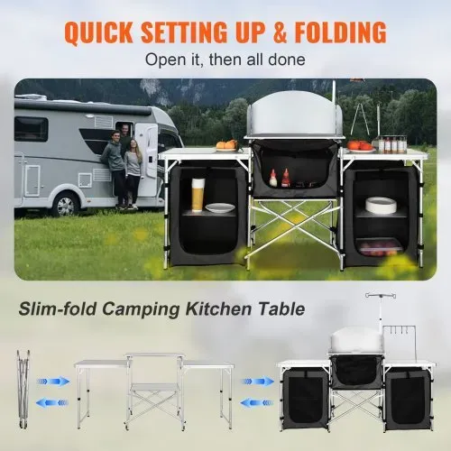 VEVOR Camping-Küchentisch, Klappbarer Outdoor-Kochtisch mit Aufbewahrungstasche, Aluminium-Kochstation mit 3 Schränken und Abnehmbarer Windschutzscheibe, Schneller Aufbau für Picknicks, Grill usw. – Bild 2