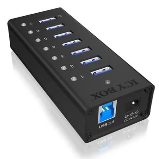 ICY BOX IB-AC618, 7 Port USB 3.2 Gen 1 Hub mit 1x Tablettladeport, Vollmetall, mit 12V 3A Netzteil, schwarz ICY BOX IB-AC618, 7 Port USB 3.2 Gen 1 Hub mit 1x Tablettladeport, Vollmetall, mit 12V 3A Netzteil, schwarz