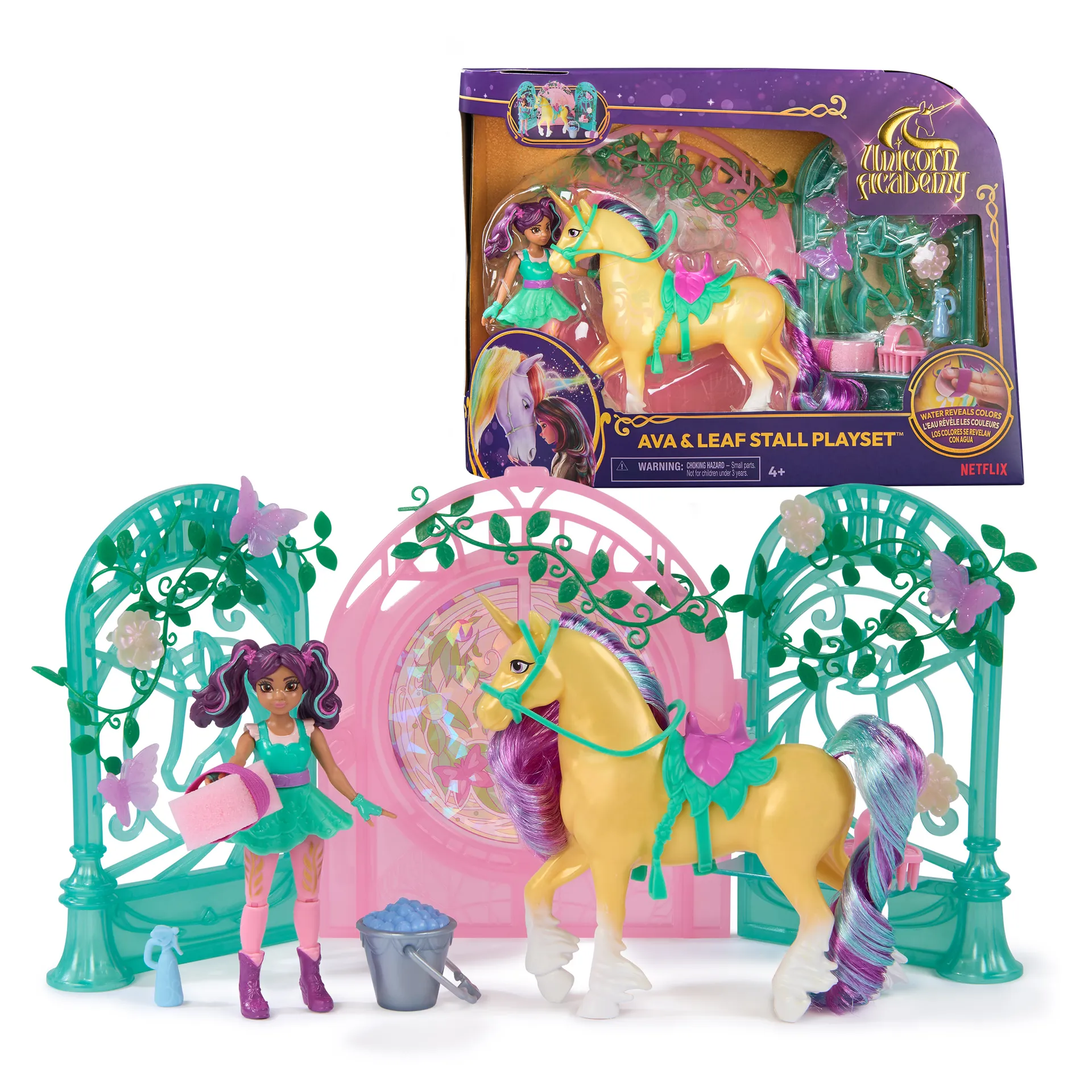 Unicorn Academy – Ava und Einhorn Leaf Stall Spielset mit Farbwechseleffekt und ca. 12 cm großen Originalfiguren zur beliebten Netflix Serie, mit 15 Accessoires Unicorn Academy – Ava und Einhorn Leaf Stall Spielset mit Farbwechseleffekt und ca. 12 cm großen Originalfiguren zur beliebten Netflix Serie, mit 15 Accessoires