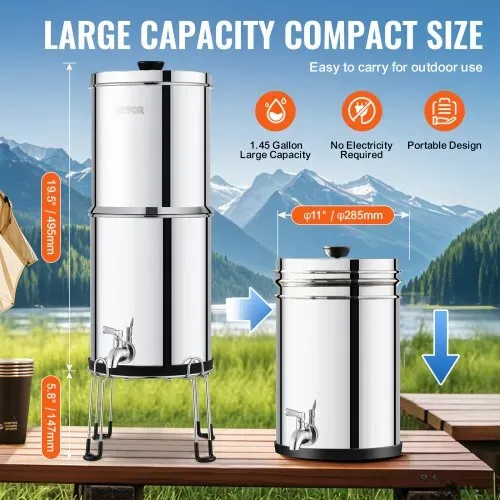 VEVOR Schwerkraft-Wasserfiltersystem, 2,25 G 304 Edelstahl-Arbeitsplatten-Wasserfiltersystem, reduziert Blei und bis zu 99 % Chlor, mit 2 Kohlefiltern/Zapfhahn/Ständer, für Zuhause, Camping, Wohnmobil – Bild 4