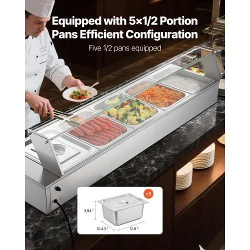 VEVOR kommerzieller Speisenwärmer mit Glasabdeckung & 5 Behälter (1/2-Größe) 1,5 kW Buffetwärmer Edelstahl, Buffetbehälter Buffet-Wasserbad Speisenwärmstation für Restaurants Partys Buffets – Bild 2