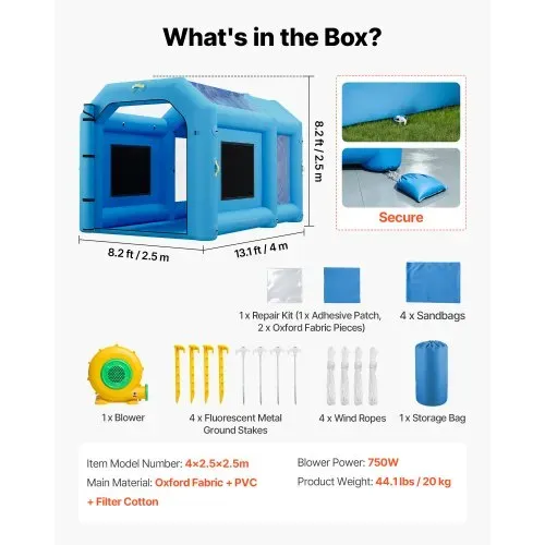 VEVOR Aufblasbare Lackierkabine 4x2,5x2,5 m Spritzkabine Lackierzelt Blau, mit 750-W-Gebläse Aktivkohlefiltration Transparentem PVC-Fenster für Fahrräder Motorräder & Kleine Möbelstücke Tragbar – Bild 6