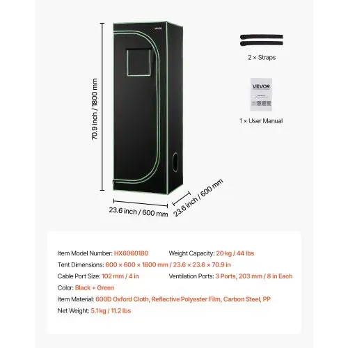 VEVOR Growzelt, 60x60x80 cm, Growbox 600D hochreflektierendes Mylar, Indoor-Pflanzenzelt mit Beobachtungsfenster, Bodenwanne & Reißverschluss, Gewächshaus Zuchtzelte für Obst, Blumen & Gemüse – Bild 6