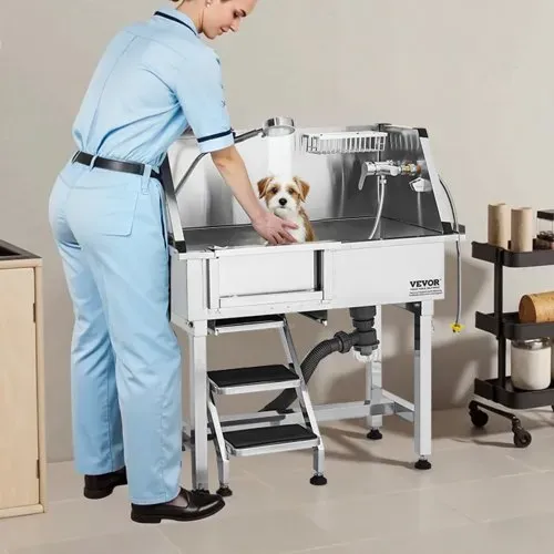 VEVOR Hundewaschstation aus Edelstahl, 870x488x1025 mm Tierpflegewanne mit Ablagetreppe, Wasserhahn, Duschkopf & Seifenhalter, Hundebadewanne, für mittelgroße & kleine Haustiere (linke Tür) – Bild 7