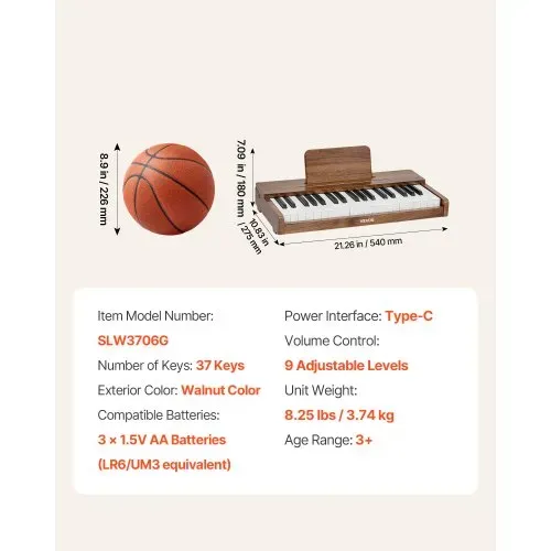 VEVOR Kinder-Keyboard, 37 Tasten, Digitales Holzpiano für Kinder ab 3 Jahren, Mini-Musikinstrument mit Realistischem Klang, Dual-Power, Einstellbare Lautstärke, Musikalische Früherziehung, Walnuss – Bild 6
