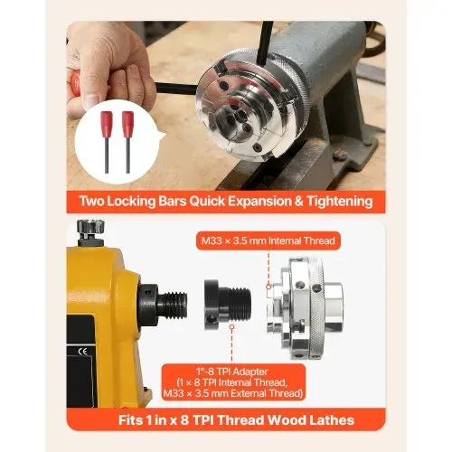 VEVOR 4 Zoll Drechselfutter Zentrierfutter (4 Backen) mit 1 Zoll x 8TPI Gewinde & Adapter, 5-tlg. Spannbacken Set (Stufen/Rund/Stift), Vernickelte Oberfläche mit Tragekoffer für Holzdrehbänke – Bild 5
