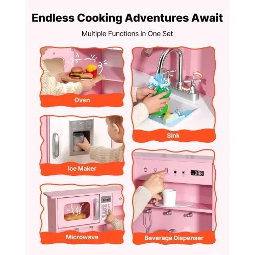 VEVOR Spielküche für Kinder, Kinderküche aus Holz mit Licht & Sound, Holzküche mit Herd Backofen Spüle Mikrowelle Eisspender & Getränkespender, Küchenspielzeug mit Kochset für Kinder ab 3 Jahren, Rosa – Bild 2
