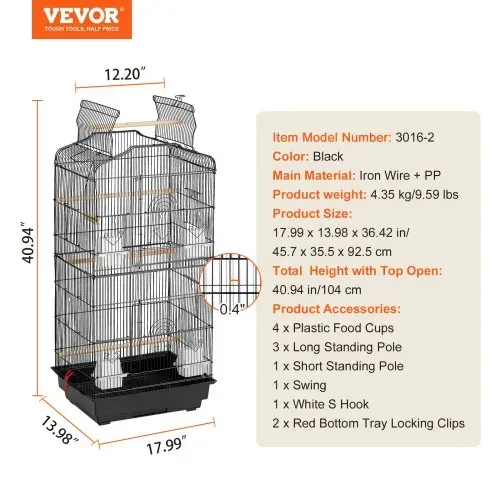 VEVOR Vogelkäfig, 457 x 355 x 925 mm, Vogelhaus für Sittiche, Finken, Kanarienvögel, Unzertrennliche, Nymphensittiche, Wellensittiche, kleine Mönchssittiche, Metallkäfig mit Schaukel & Sitzstange – Bild 6