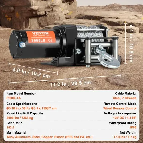 VEVOR Elektrische Seilwinde, 3000 lb Zugkraft, 12 V DC für ATV/UTV, mit Φ3/16 Zoll x 39 Fuß Stahlkabel, Rollenseilführung, Kabelfernbedienung, IP55 Wasserbeständigkeit, Ideal für UTV ATV Offroad-Bergung – Bild 6