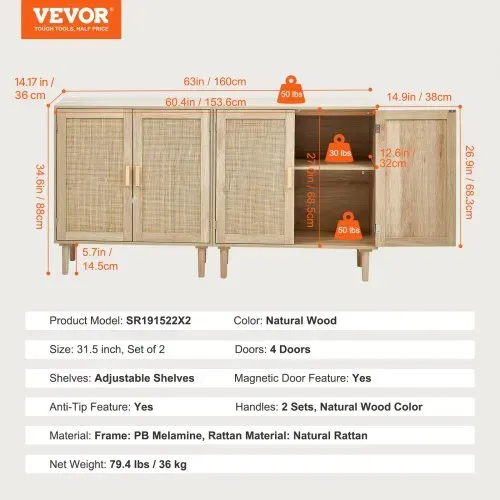 VEVOR Rattanschrank Rattankommode 2 Stk. Aufbewahrungsschrank mit 4 magnetischen Türen, Sideboard Buffetschrank mit verstellbaren Regalen, Ideal für Flur Eingangsbereich Wohnzimmer oder Küche – Bild 6