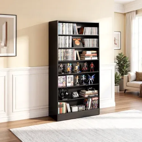 VEVOR DVD-Regal mit 7 Fächern, Medienregal Standregal 70 x 30 x 140 cm, Platzsparendes Aufbewahrungsregal für CDs DVDs Bücher Spiele-Discs, Bücherregal für Wohnzimmer/Homeoffic/Aufnahmeraum, Schwarz – Bild 7