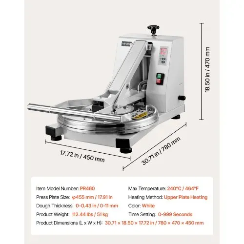 VEVOR Pizzateigpresse 18 Zoll 1200 W Elektrische Teigpresse für Pizzaböden für Pizzerien und Tortilla-Restaurants, 0-240 °C, Einstellbare Teigdicke 0-11 mm, mit Edelstahlgriff, Aluminium-Pressplatte – Bild 6