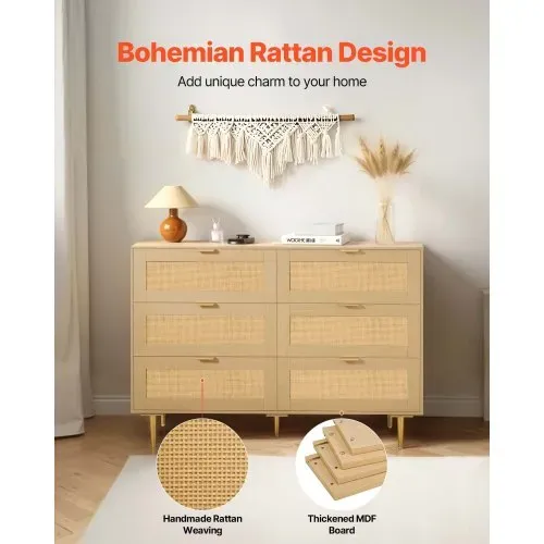 VEVOR Rattankommode Aufbewahrungsschrank mit 6 Schubladen & Metallgriffen und -beinen, moderner Rattanschrank für Schlafzimmer Wohnzimmer Flur (120 x 39,5 x 85,4 cm) Kleidungsschrank – Bild 3