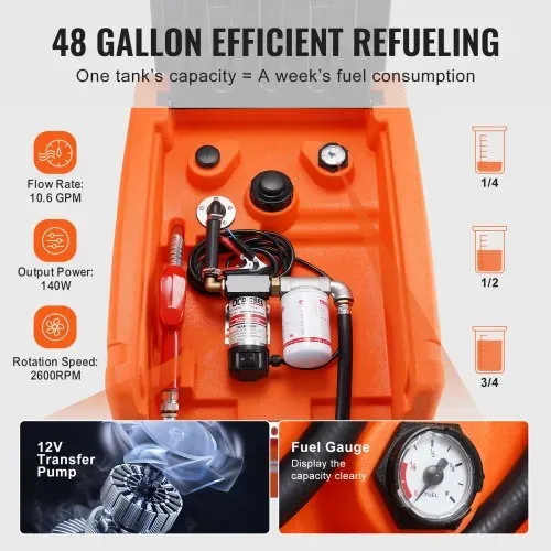 VEVOR Mobiler Dieselbehälter, 48 Gallonen Fassungsvermögen, 10,6 GPM Pumpengeschwindigkeit, inkl. 12 V Elektropumpe, 13,1 ft Schlauch und automatischer Düse, orangefarbener Dieselkraftstofftank für reibungslosen Transport – Bild 2