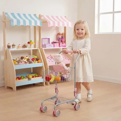 VEVOR Einkaufswagen für Kinder, Einkaufswagen Supermarkt Spielzeug mit Klappsitz für Puppen Stahlrahmen & Rollen, Faltbares Kaufladenzubehör mit Puppen-Spielset, Kaufmannsladen Spiele für Kinder ab 3 – Bild 7