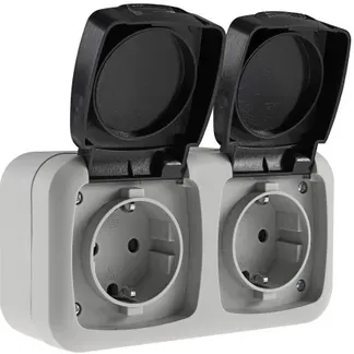 Feuchtraum Doppel-Steckdose, IP44 250V~/ 16A, inkl. AP-Rahmen, grau Feuchtraum Doppel-Steckdose, IP44 250V~/ 16A, inkl. AP-Rahmen, grau