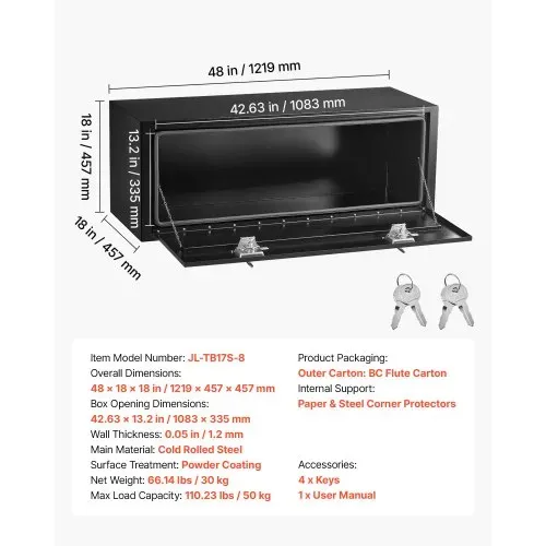 VEVOR Lkw Unterbaubox 1219 x 457 x 457 mm Unterflur Staukasten Kaltgewalzter Stahl Wasserdichter Werkzeugkasten mit T-Griff Schloss für Lkw Anhänger Transporter Werkzeugkiste Unterflurkasten Schwarz – Bild 6