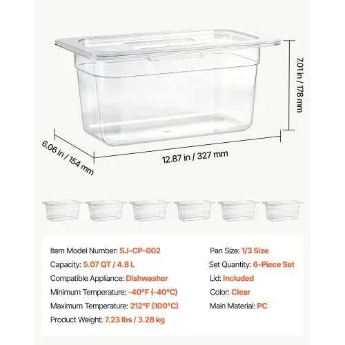VEVOR GN 1/3 Behälter 15 cm Tief 6er-Set Lebensmittelbehälter mit Deckel PC für Restaurants, Buffets & Salatbars, 327 x 178 x 154 mm, –40 bis 100 °C, Spülmaschinenfest, Stapelbar, Skalenmarkierung – Bild 6