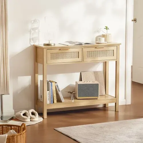 VEVOR Rattan-Konsolentisch mit 2 Schubladen, Rattan-Eingangstisch mit natürlicher Rattan-Schiebetür, Konsolen-Sofatisch für Wohnzimmer, Arbeitszimmer, Eingangsbereich oder Fernsehwand, Natur – Bild 7