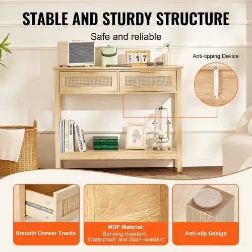 VEVOR Rattan-Konsolentisch mit 2 Schubladen, Rattan-Eingangstisch mit natürlicher Rattan-Schiebetür, Konsolen-Sofatisch für Wohnzimmer, Arbeitszimmer, Eingangsbereich oder Fernsehwand, Natur – Bild 4