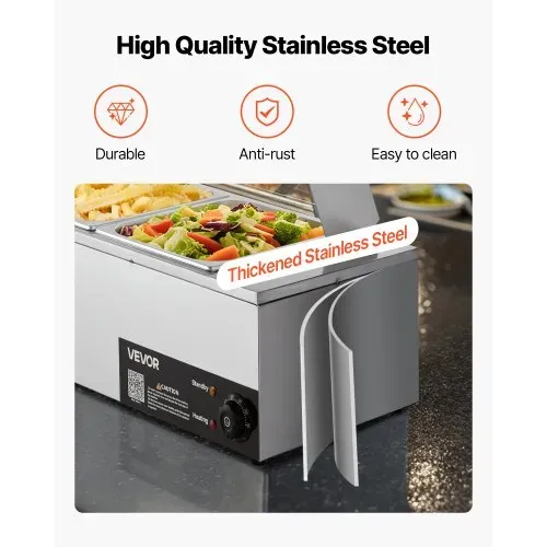 VEVOR kommerzieller Speisenwärmer (4 x 1/2 Größe Behälter), 1,5 kW elektrischer Wärmebehälter aus Edelstahl mit Glasabdeckung & Suppenkelle, Chafing Dishes Set für Catering Restaurant Party – Bild 4