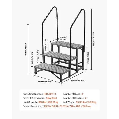 VEVOR Wohnmobiltreppe mit 2 Handläufen (3 Stufen), Standtreppe mit 300 kg Tragkraft, Außentreppe mit Rutschfester Matte für Senioren/Haustiere, Trittstufe für Camper, Mobilheim, Veranda, Pool und Spa – Bild 6