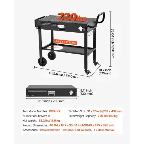 VEVOR Grillwagen Outdoor 787x432 mm (Tischplattengröße), Klappbarer Grilltisch mit Taschentuchhalter & Rädern & magnetischer Werkzeugablage, Grillvorbereitungstisch Servierwagen für Picknick Küche – Bild 2