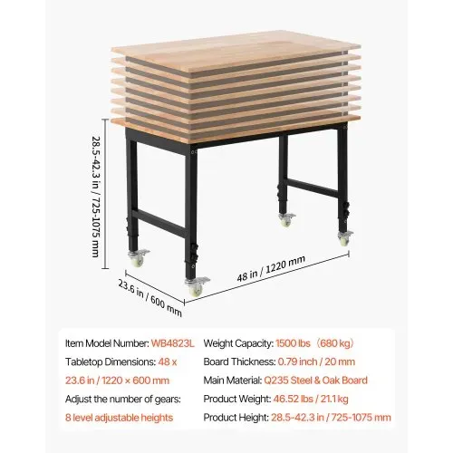 VEVOR Werkbank, 680 kg, Werkstatttisch mit Rolle, 122x60 cm große Arbeitsplatte aus Eichenholz, Arbeitstisch mit Höhenverstellung von 725-1075 mm, Werktisch für Garage, Werkstatt, Zuhause & Büro – Bild 6