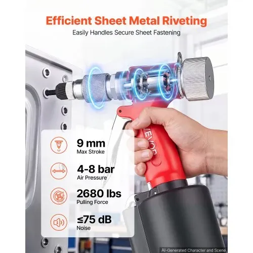 VEVOR Druckluft Nietmutternzange Set mit 3 SAE- & 5 Metrischen Kopfstück, Pneumatische Blindnietzange Set für Automobil Industrie Heimwerkerprojekt, 1215kg Zugkraft, M4 M5 M6 M8 M10 1/4 5/16 3/8 Zoll – Bild 2