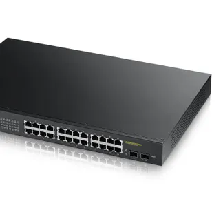 Zyxel Switch smart managed Layer2 26 Port • 24x 1 GbE • PoE Budget 170 Watt • 24x PoE at • 2x SFP • 19″ • GS1900-24HPV2 Zyxel Switch smart managed Layer2 26 Port • 24x 1 GbE • PoE Budget 170 Watt • 24x PoE at • 2x SFP • 19″ • GS1900-24HPV2