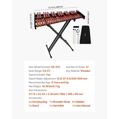 VEVOR Glockenspiel, 37 Noten, professionelles Xylophon-Schlaginstrument aus Holz, mit höhenverstellbarem Ständer aus Kohlenstoffstahl, 4 Schlägeln, Tragetasche, Musikinstrumenten-Set für Anfänger – Bild 6