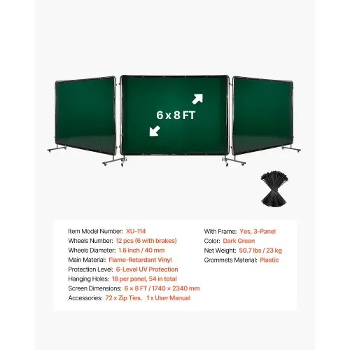 VEVOR Schweißvorhang mit Rahmen, 3-teilig, 1740 x 2340 mm, flammhemmende Vinyl-Schweißschutzwand mit 12 Rädern & 6-stufigem UV-Schutz für Werkstatt-/Industrieanwendungen, Dunkelgrün – Bild 6