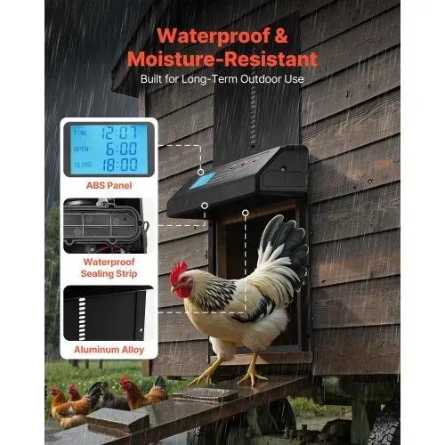 VEVOR Automatische Hühnerklappe, Hühnerstalltür mit Timer, manueller Einstellung & Einklemmschutz, Elektrischer Hühnerauslauf-Toröffner mit wasserdichter Versiegelung, Schwarz, 350x250x73 mm – Bild 5