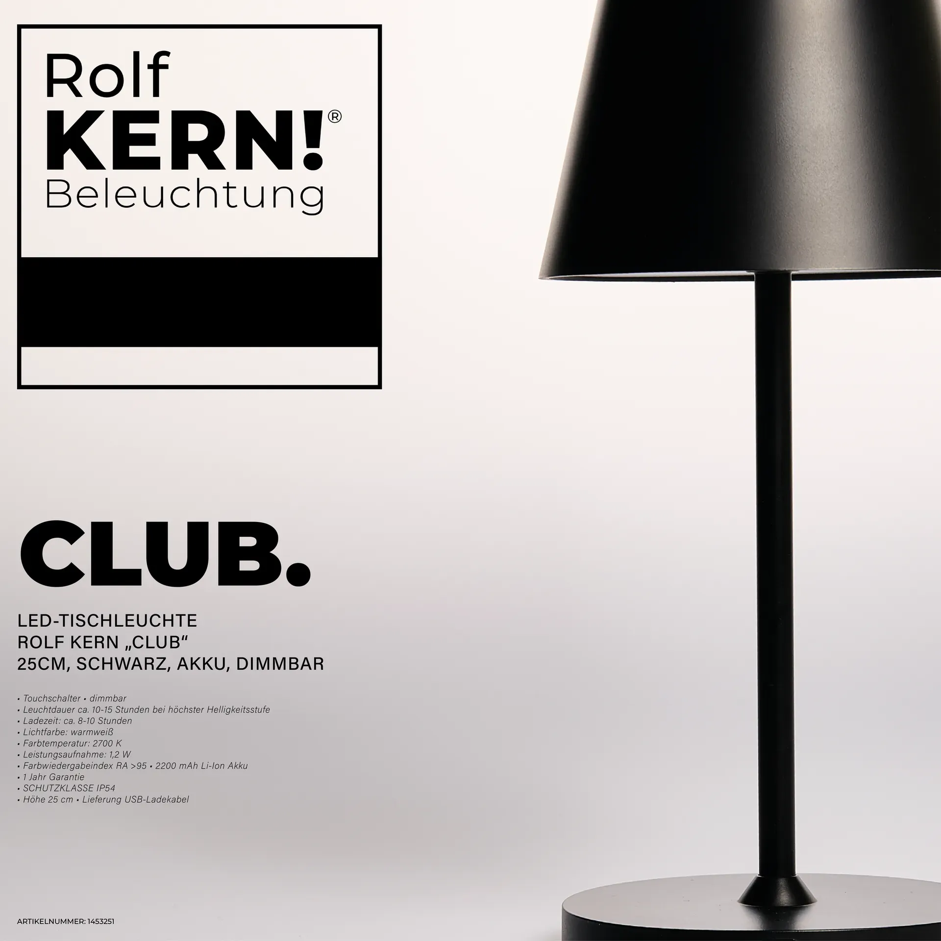 LED-Tischleuchte ROLF KERN Club Mini 25cm, schwarz, Akku, dimmbar – Bild 2