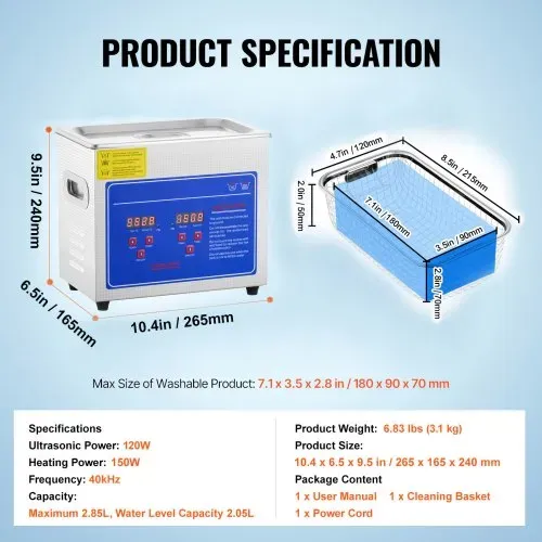 VEVOR Professioneller Ultraschallreiniger, 2,85 L Ultraschall-Schmuckreiniger mit digitalem Timer und Heizung, Edelstahl-Industrie-Schallreiniger 40 kHz für Brillen, Uhren, Ringe, Kleinteile – Bild 6