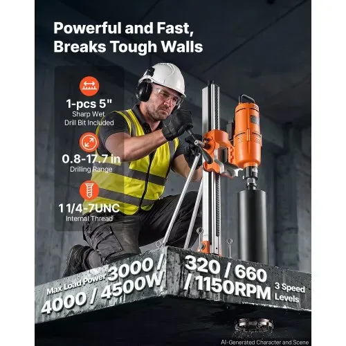 VEVOR Diamant Kernbohrgerät 4500W Kernbohrmaschine Trocken & Nass 20-450mm, für Beton Ziegel Stein 127mm Nassbohrer Neigbarer Ständer Fahrgestell 1150U/min 3-Stufiger Drehzahlregler UNC1 1/4-7-Gewinde VEVOR Diamant Kernbohrgerät 4500W Kernbohrmaschine Trocken & Nass 20-450mm, für Beton Ziegel Stein 127mm Nassbohrer Neigbarer Ständer Fahrgestell 1150U/min 3-Stufiger Drehzahlregler UNC1 1/4-7-Gewinde
