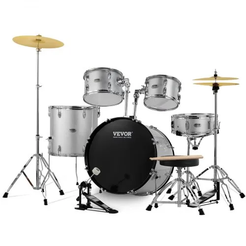 VEVOR Schlagzeug, 5-teilig, Drum in voller Größe mit Bass-/Tom-Drums, Snare, Standtrommel, verstellbaren Thronständern, Becken, Hi-Hat-Pedal und Drumsticks, Anfänger-Schlagzeug, Silber VEVOR Schlagzeug, 5-teilig, Drum in voller Größe mit Bass-/Tom-Drums, Snare, Standtrommel, verstellbaren Thronständern, Becken, Hi-Hat-Pedal und Drumsticks, Anfänger-Schlagzeug, Silber