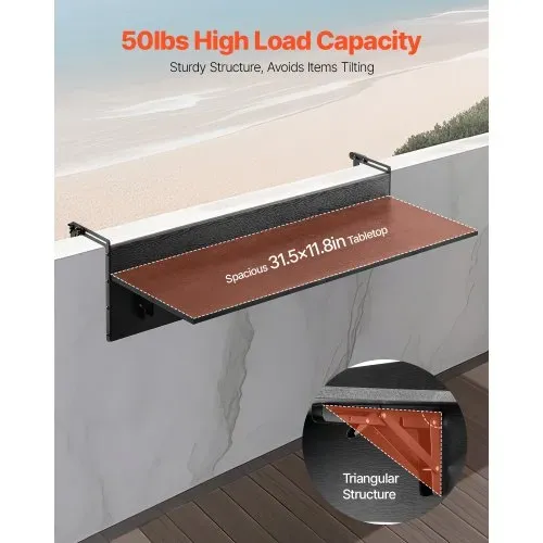 VEVOR Balkontisch, 800x300 mm, klappbarer Balkonhängetisch, Klapptisch für den Außenbereich, 22 kg Tragkraft, passend für Geländer von 25,4 bis 109,22 mm, Serviertisch für Terrasse und Deck – Bild 2