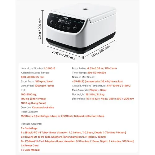 VEVOR Zentrifugenmaschine 100-2100 xg RCF elektrische Laborzentrifugenmaschine mit 1 Rotor für 2/5/10/15/50 ml Röhrchenkapazität, einstellbar 500-4000 U/min, geräuscharm für Laborexperimenten – Bild 6