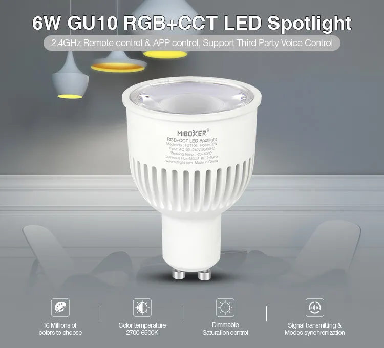 MiBoxer FUT106 LED Retrofit GU10 6W RGB-WW (RGB-CCT) Spot MiBoxer FUT106 LED Retrofit GU10 6W RGB-WW (RGB-CCT) Spot